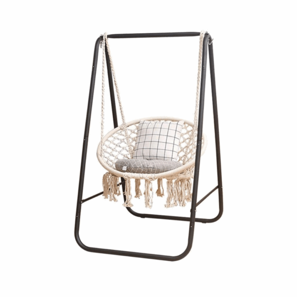 BALANÇOIRE BEIGE MACRAMÉ  AVEC  SUPPORT BLANC