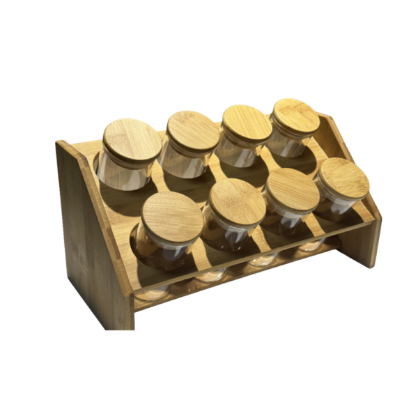 ENSEMBLE DE 8 BOCAUX EN VERRE  D'EPICES COUVERCLE ROND SUPPORT BOIS