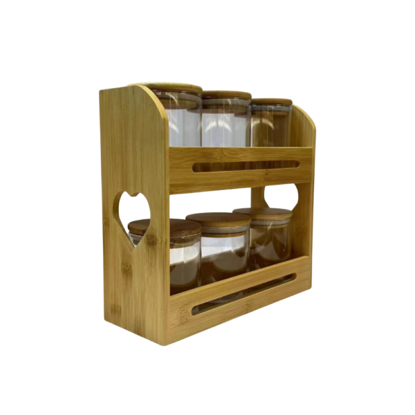 ENSEMBLE DE 6 BOCAUX EN VERRE  D'EPICES COUVERCLE ROND SUPPORT BOIS