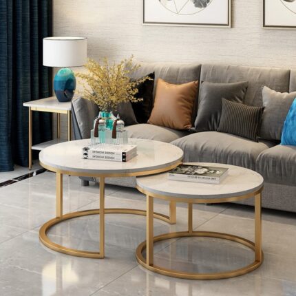 TABLE DE BASSE DUO DORE MARBRE BLANC 80X60CM