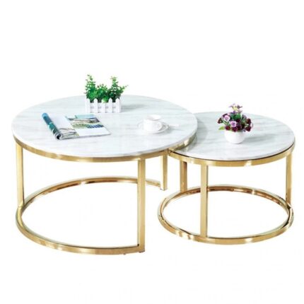 TABLE DE BASSE DUO DORE MARBRE BLANC 80X60CM