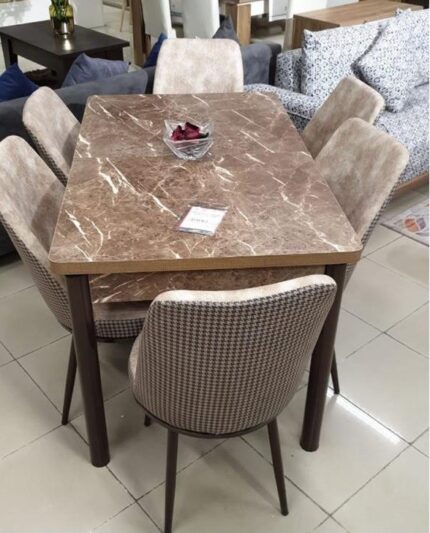 TABLE EXTENSIBLE EFFET MARBRE + 6 CHAISES