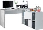ADAPTA BUREAU D'ANGLE EN BOIS EFFET BETON AVEC BIBILIOTHEQUE