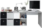 ADAPTA BUREAU D'ANGLE EN BOIS EFFET BETON AVEC BIBILIOTHEQUE