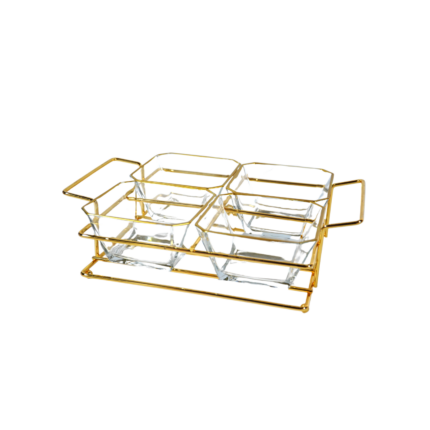 AMUSE BOUCHE 4 BOLS EN VERRE+ SUPPORT METAL DORE