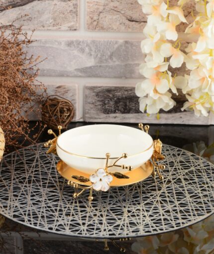 ASSIETTE PORCELAINE BLANCHE AVEC SOUS PLAT FLORAL DORE 15 CM