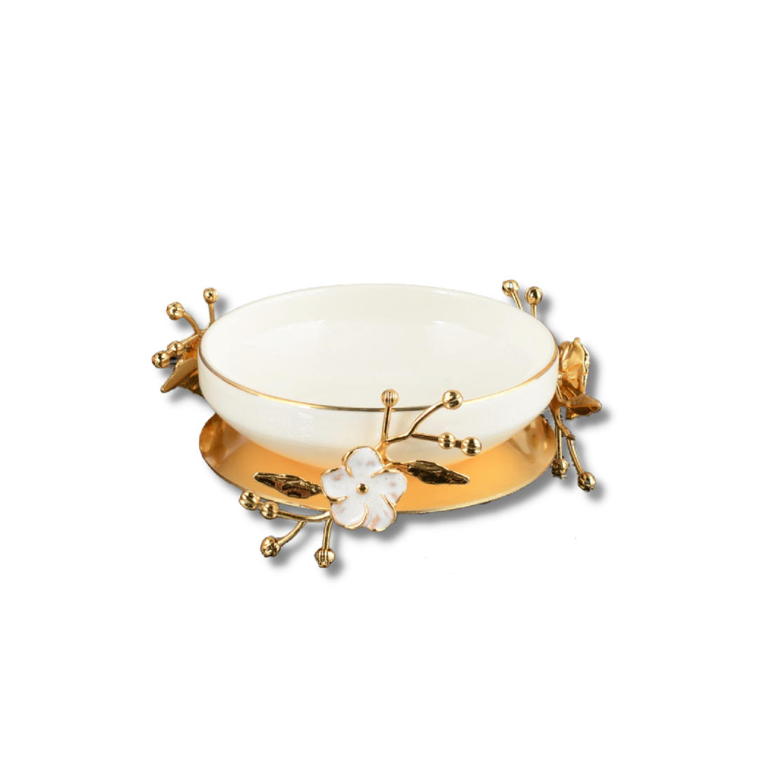 ASSIETTE PORCELAINE BLANCHE AVEC SOUS PLAT FLORAL DORE 15 CM ASSIETTE PORCELAINE BLANCHE AVEC SOUS PLAT FLORAL DORE 15 CM