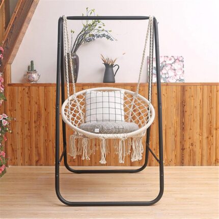 BALANÇOIRE BEIGE MACRAMÉ  AVEC  SUPPORT BLANC