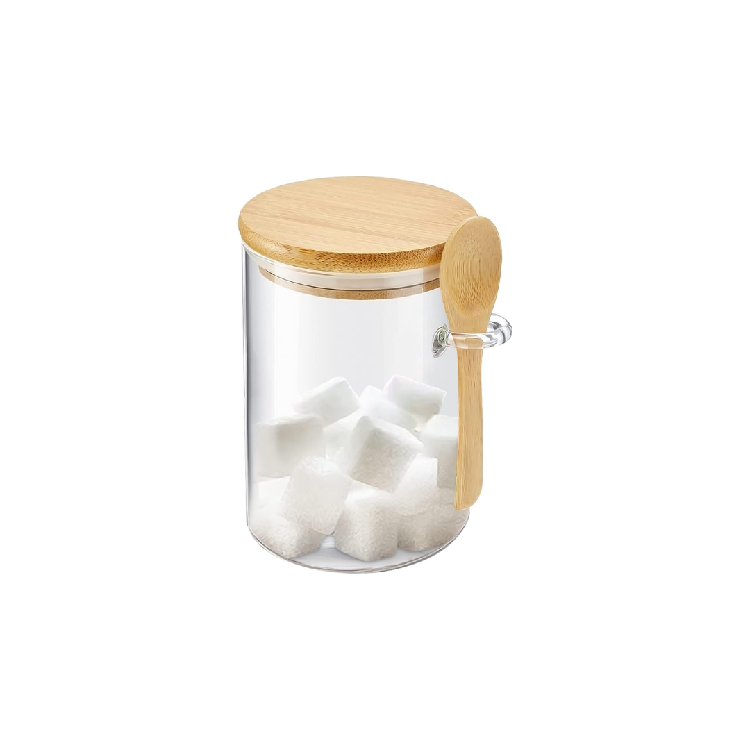 BOCAL EN VERRE AVEC CUILLERE ET COUVERCLE EN BOIS BOCAL EN VERRE AVEC CUILLERE ET COUVERCLE EN BOIS