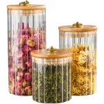 BOITE DE CONSERVATION EN VERRE GF COUVERCLE EN BAMBOU POIGNEE DOREE