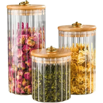 BOITE DE CONSERVATION EN VERRE GF COUVERCLE EN BAMBOU POIGNEE DOREE