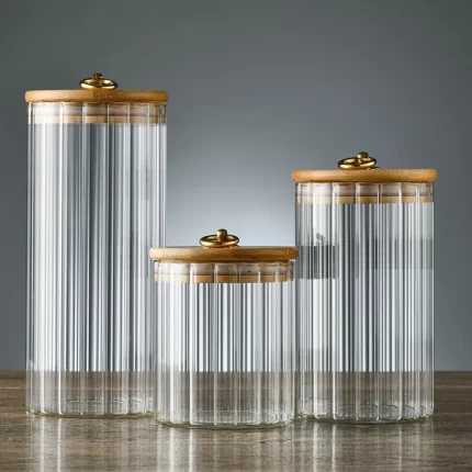 BOITE DE CONSERVATION EN VERRE GF COUVERCLE EN BAMBOU POIGNEE DOREE