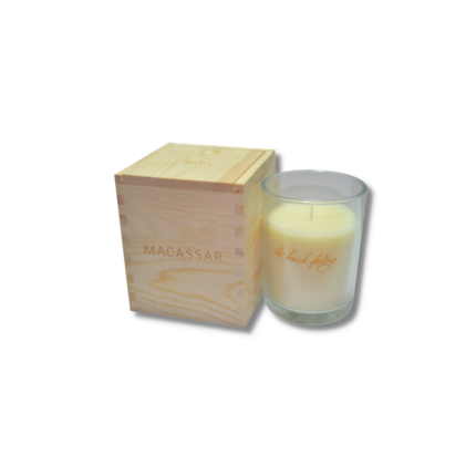 BOUGIE VERRE EN BOITIER BOIS 8.5X10 CM
