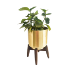 CACHE POT FLEUR DORE METAL PIED EN BOIS