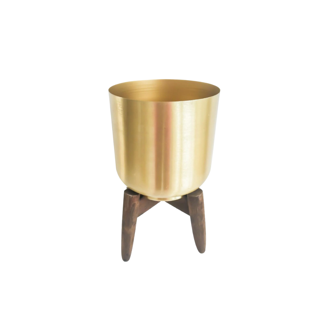 CACHE POT FLEUR DORE METAL PIED EN BOIS CACHE POT FLEUR DORE METAL PIED EN BOIS