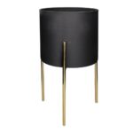 CACHE POT METAL SUR PIED METAL DORE