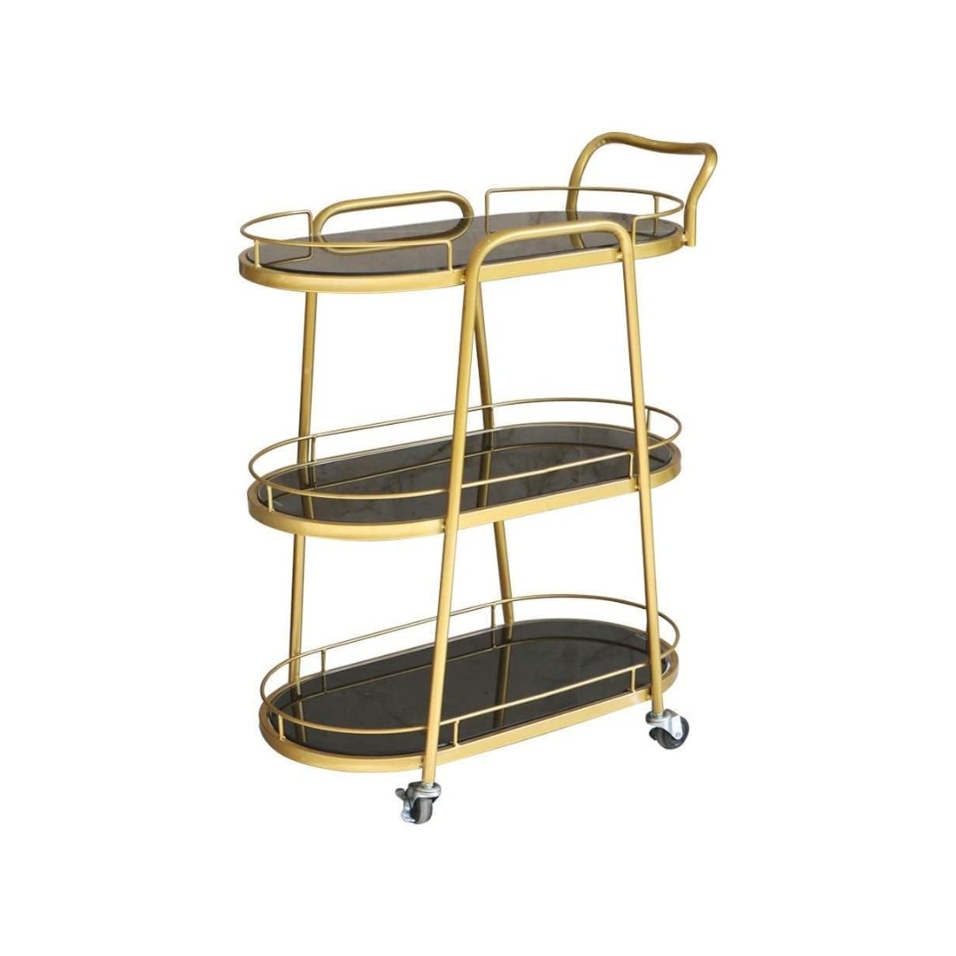 CHARIOT DE DISTRUBUTION LUX EN 3 NIVAUX OVAL ACIER ET VERRE GRIS