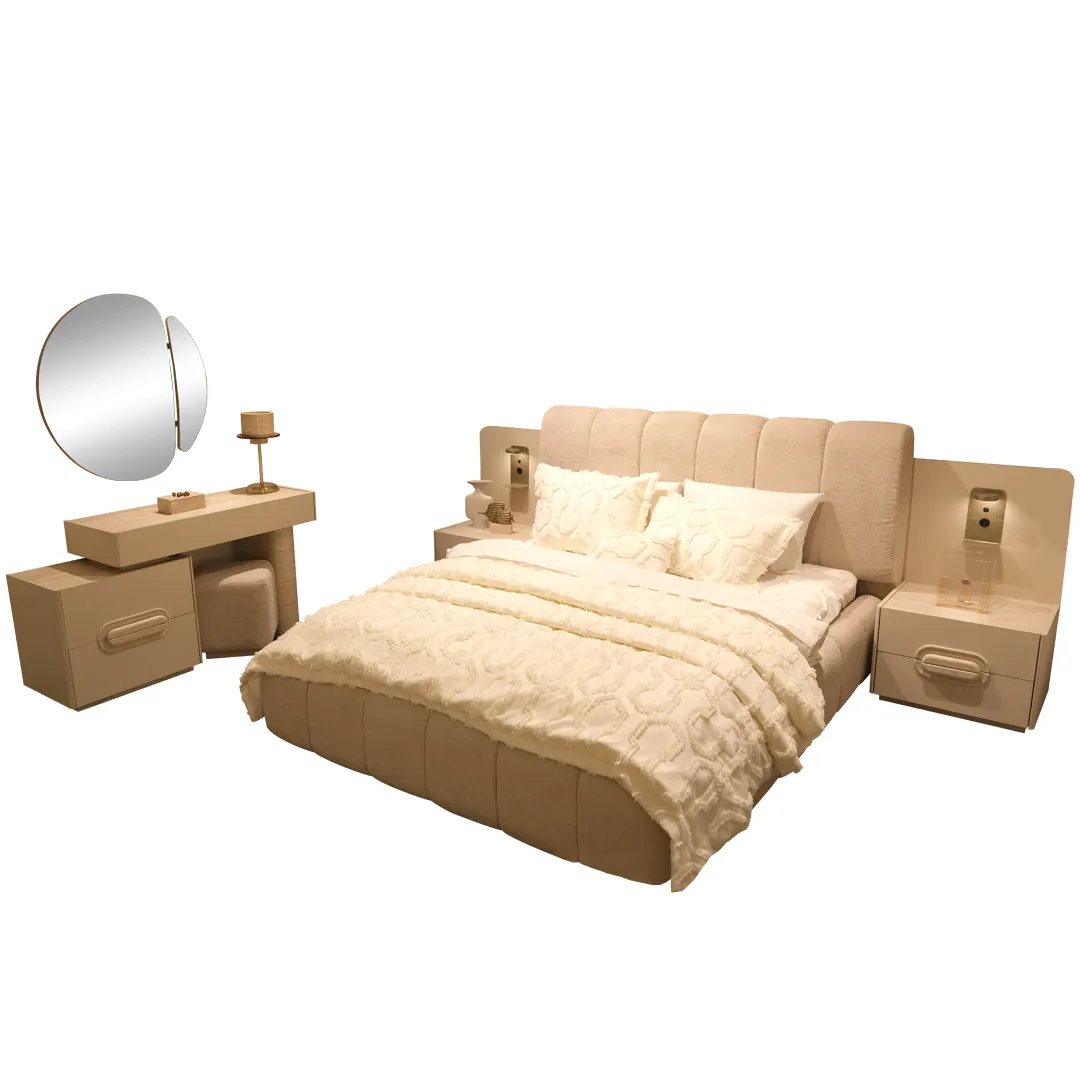 Chmabre-travelta-copie TRAVERTA PACK LIT +2 CHEVETS+2 LAMPES AVEC USB+COMMODE+ MIROIR – Image 1