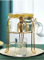 DITRIBUTEUR DE BOISSON EN VERRE AVEC ROBINET ETSUPPORT DOREE 3500 ML