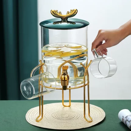 DITRIBUTEUR DE BOISSON EN VERRE AVEC ROBINET ETSUPPORT DOREE 3500 ML
