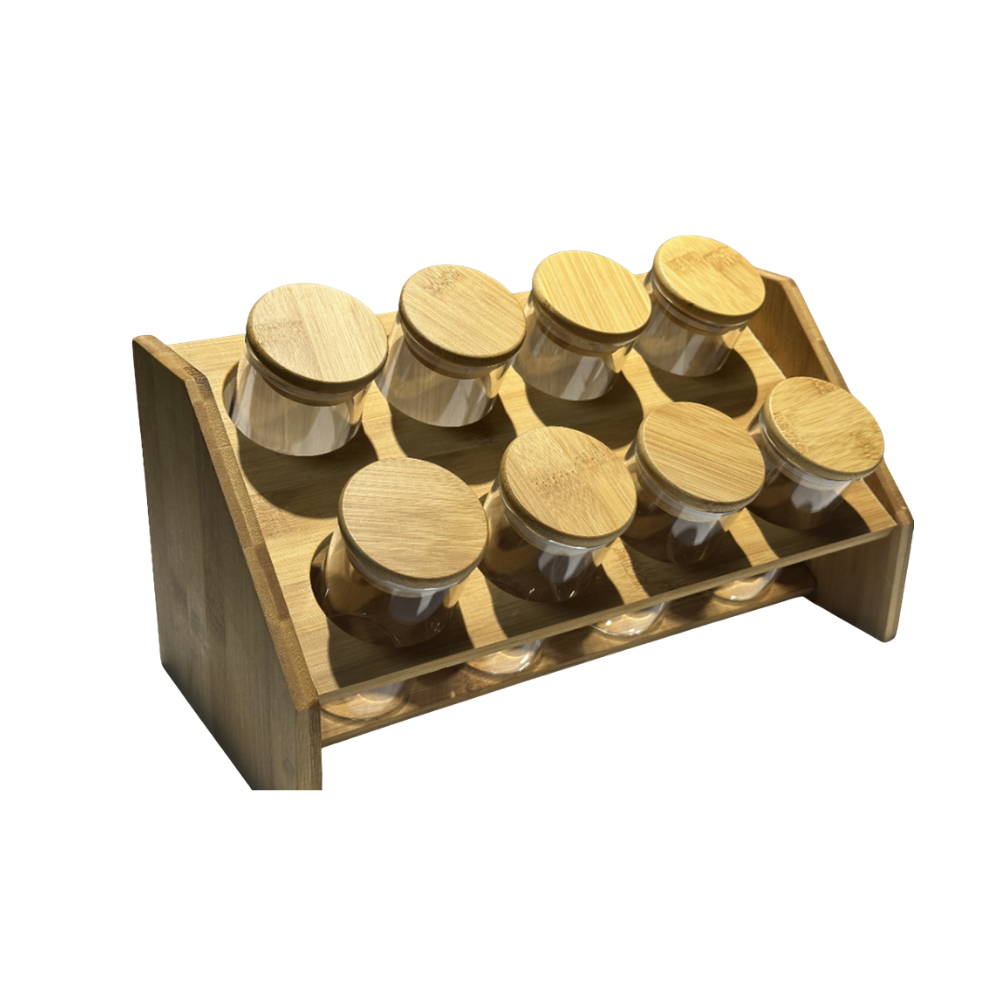 ENSEMBLE DE 8 BOCAUX EN VERRE D'EPICES COUVERCLE ROND SUPPORT BOIS ENSEMBLE DE 8 BOCAUX EN VERRE D'EPICES COUVERCLE ROND SUPPORT BOIS