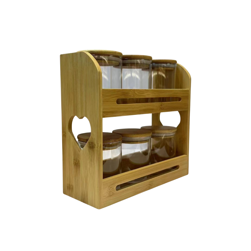 ENSEMBLE DE 6 BOCAUX EN VERRE D'EPICES COUVERCLE ROND SUPPORT BOIS ENSEMBLE DE 6 BOCAUX EN VERRE D'EPICES COUVERCLE ROND SUPPORT BOIS