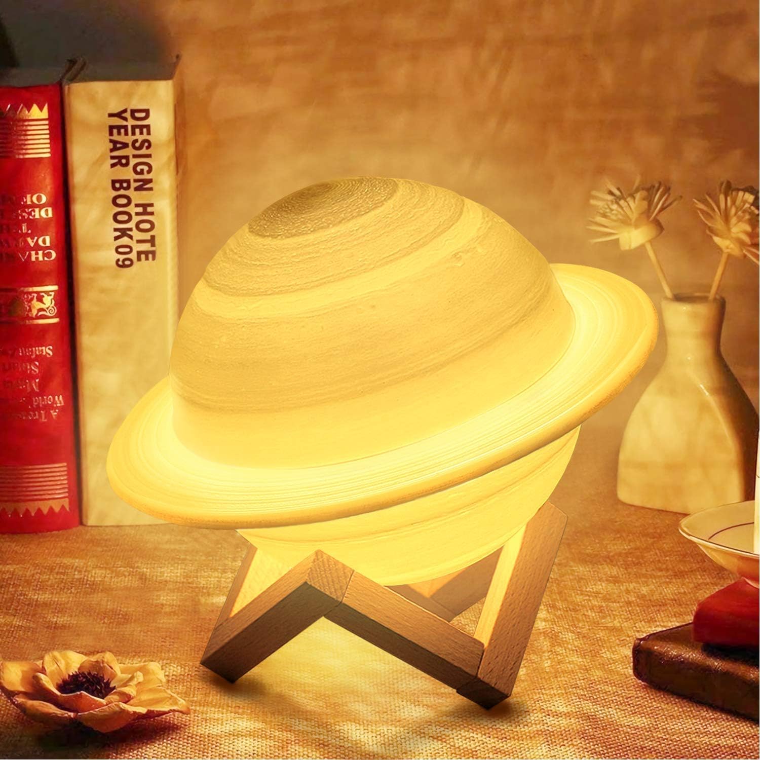 LAMPE VEILLEUSE SATURNE AVEC SUPPORT BOIS 18 CM