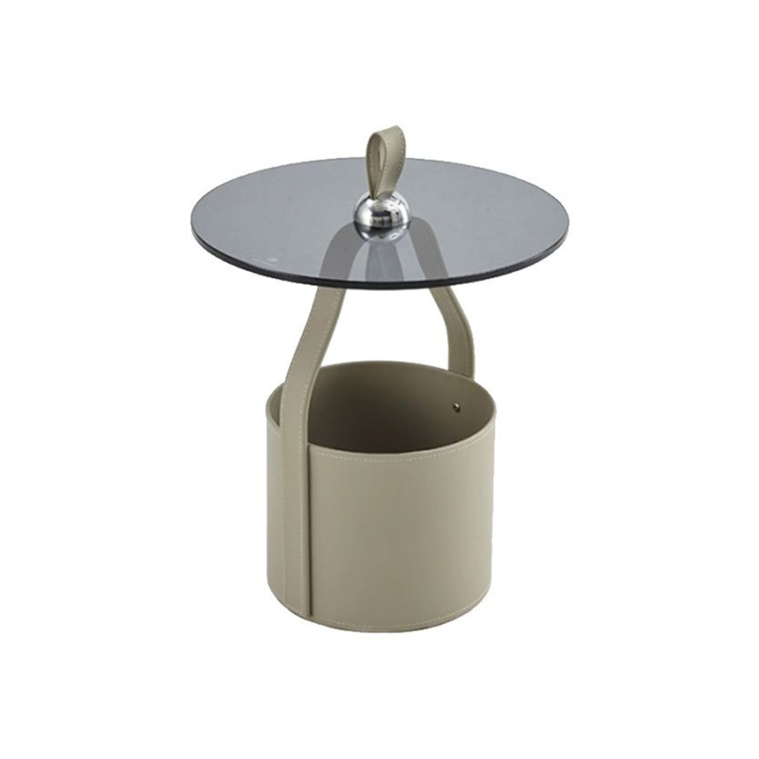 LASIA TABLE D'APPOINT GRIS EN VERRE AVEC RANGEMENT CUIRE