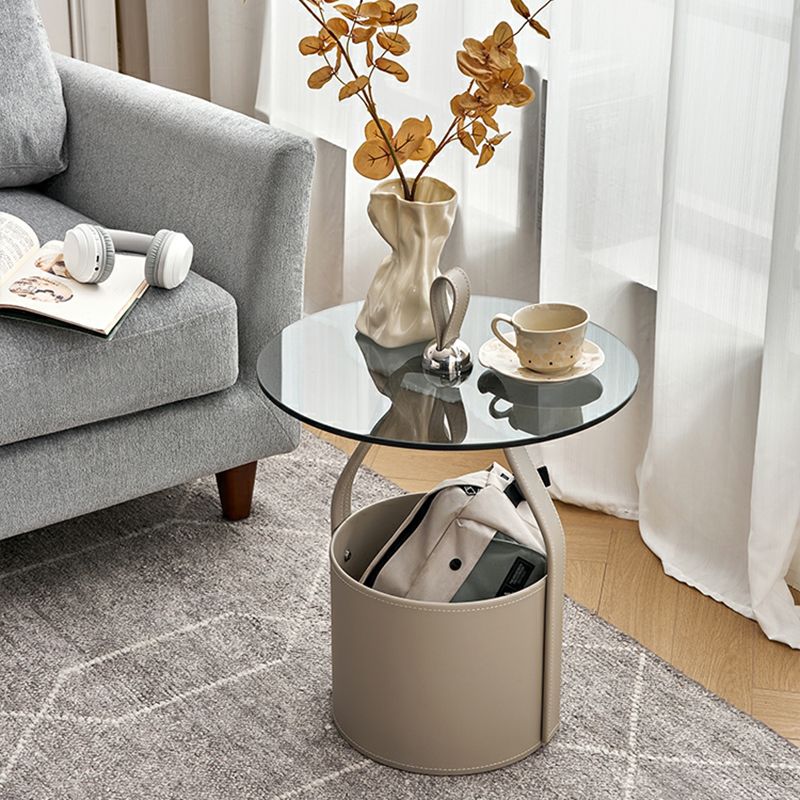 LASIA TABLE D'APPOINT GRIS EN VERRE AVEC RANGEMENT CUIRE