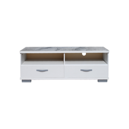 MEUBLE TV HOMELINE NAPOLI 2 TIROIRS +2 NICHE COULEUR MARBRE GRIS/BLANC