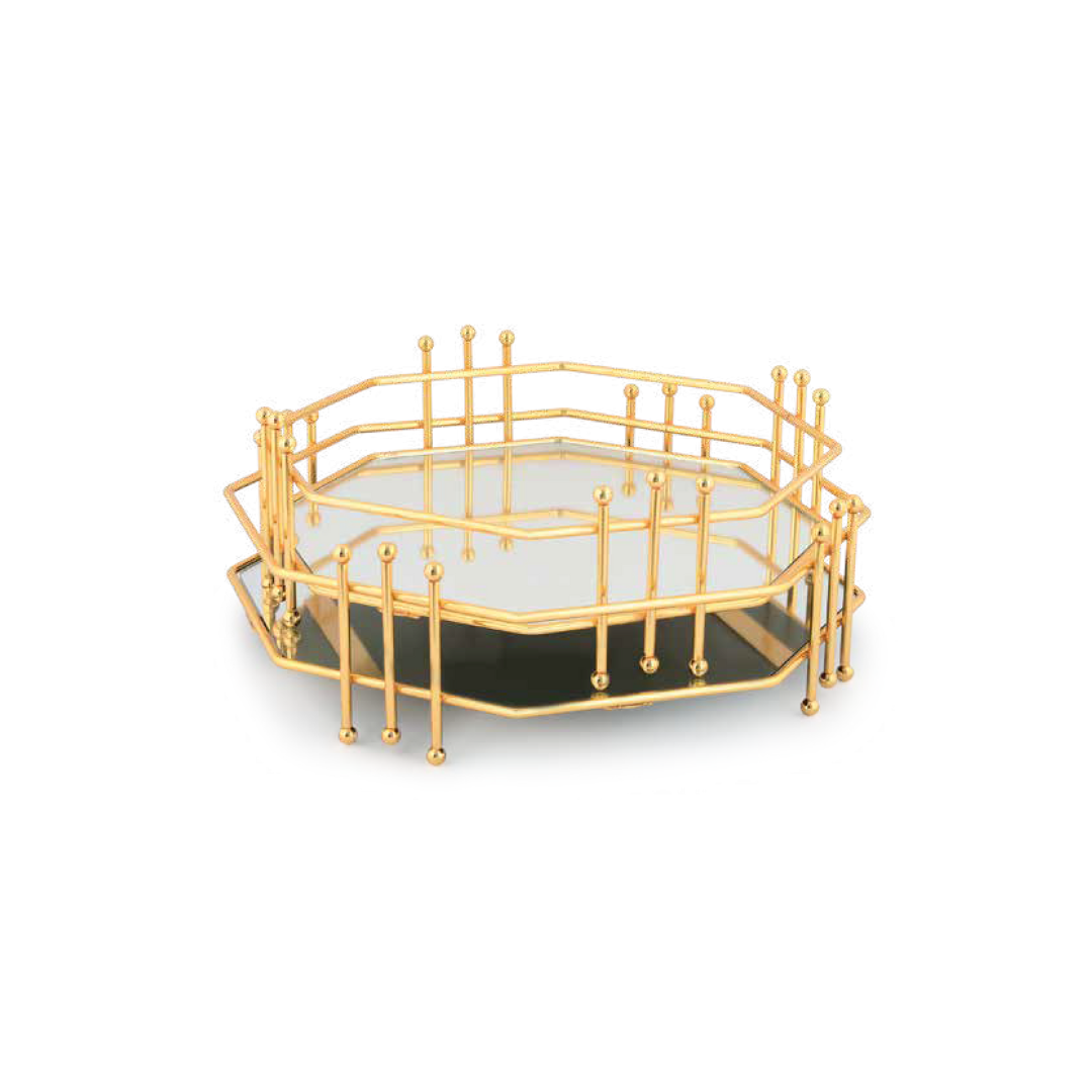 PLATEAU HEXAGONAL DORE VERRE MIROIR PLATEAU HEXAGONAL DORE VERRE MIROIR