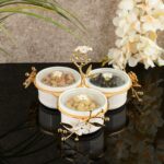 SET 3 BOLS  AMUSE BOUCHE PORCELAINE AVEC SUPPORT DORE FLORAL