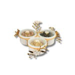 SET 3 BOLS  AMUSE BOUCHE PORCELAINE AVEC SUPPORT DORE FLORAL