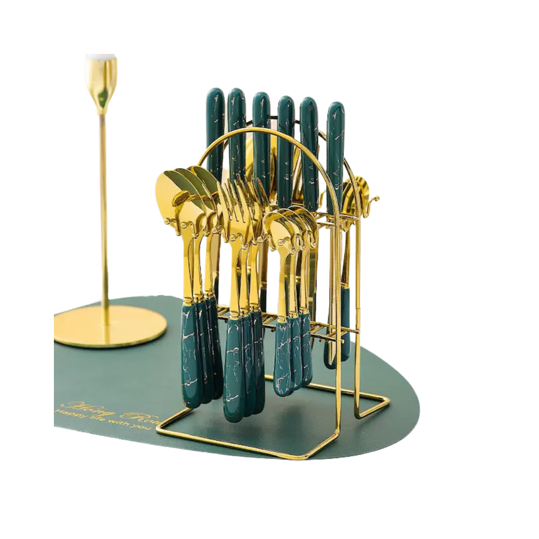 SET COUVERT VERT AVEC SUPPORT METAL DORE SET COUVERT VERT AVEC SUPPORT METAL DORE