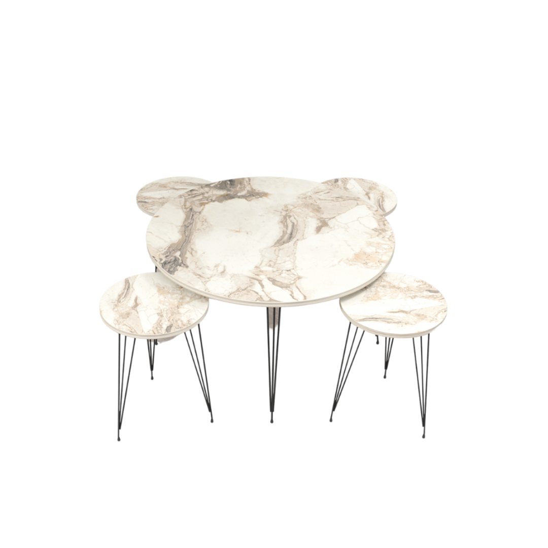 SET DE 5 TABLES MARBRE NOYER PIED METAL SET DE 5 TABLES MARBRE NOYER PIED METAL