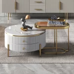 SET DE DUO LUX TABLE BASSE RONDE EN MARBRE  BLANC AVEC 2 TIRROIR + TABLE  D'APPOINT