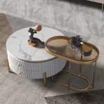 SET DE DUO LUX TABLE BASSE RONDE EN MARBRE  BLANC AVEC 2 TIRROIR + TABLE  D'APPOINT