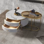 SET DE DUO LUX TABLE BASSE RONDE EN MARBRE  BLANC AVEC 2 TIRROIR + TABLE  D'APPOINT