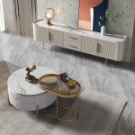 SET DE DUO LUX TABLE BASSE RONDE EN MARBRE  BLANC AVEC 2 TIRROIR + TABLE  D'APPOINT