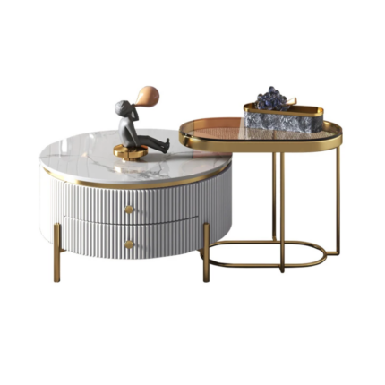 SET DE DUO LUX TABLE BASSE RONDE EN MARBRE  BLANC AVEC 2 TIRROIR + TABLE  D'APPOINT