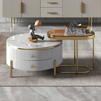 SET DE DUO LUX TABLE BASSE RONDE EN MARBRE  BLANC AVEC 2 TIRROIR + TABLE  D'APPOINT