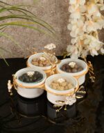 SET4 BOLS  AMUSE BOUCHE PORCELAINE AVEC SUPPORT DORE FLORAL