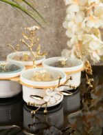 SET4 BOLS  AMUSE BOUCHE PORCELAINE AVEC SUPPORT DORE FLORAL
