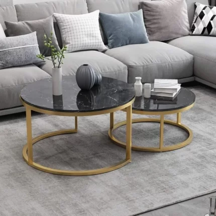 TABLE BASE MARBRE DUO DORE TOP NOIR 80X60CM