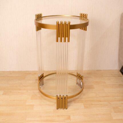 TABLE DE PRESENTATION RONDE DOREE VERRE NOIR - HAUTEUR 90CM