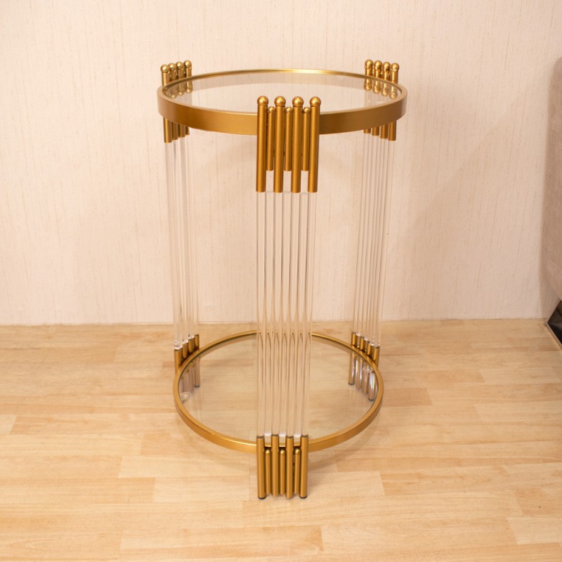 TABLE DE PRESENTATION RONDE DOREE VERRE NOIR - HAUTEUR 90CM