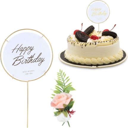 TOPPER DE GÂTEAU HAPPY BIRTHDAY ROND AVEC ROSE