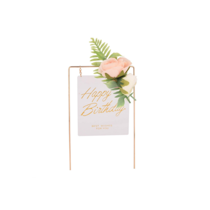 TOPPER DE GÂTEAU HAPPY BIRTHDAY RECTANGUAIRE  AVEC ROSE