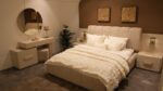 TRAVERTA PACK LIT +2 CHEVETS+2 LAMPES AVEC USB+COMMODE+ MIROIR - 180X200