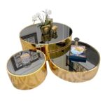 TRICO CHIC SET DE 3 TABLE BASSE VERRE NOIR SUPPORT DORE
